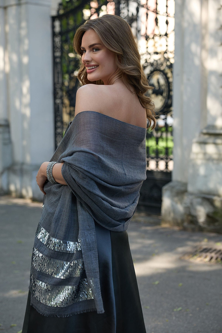 Fringe Sequins Scarf - Blue
