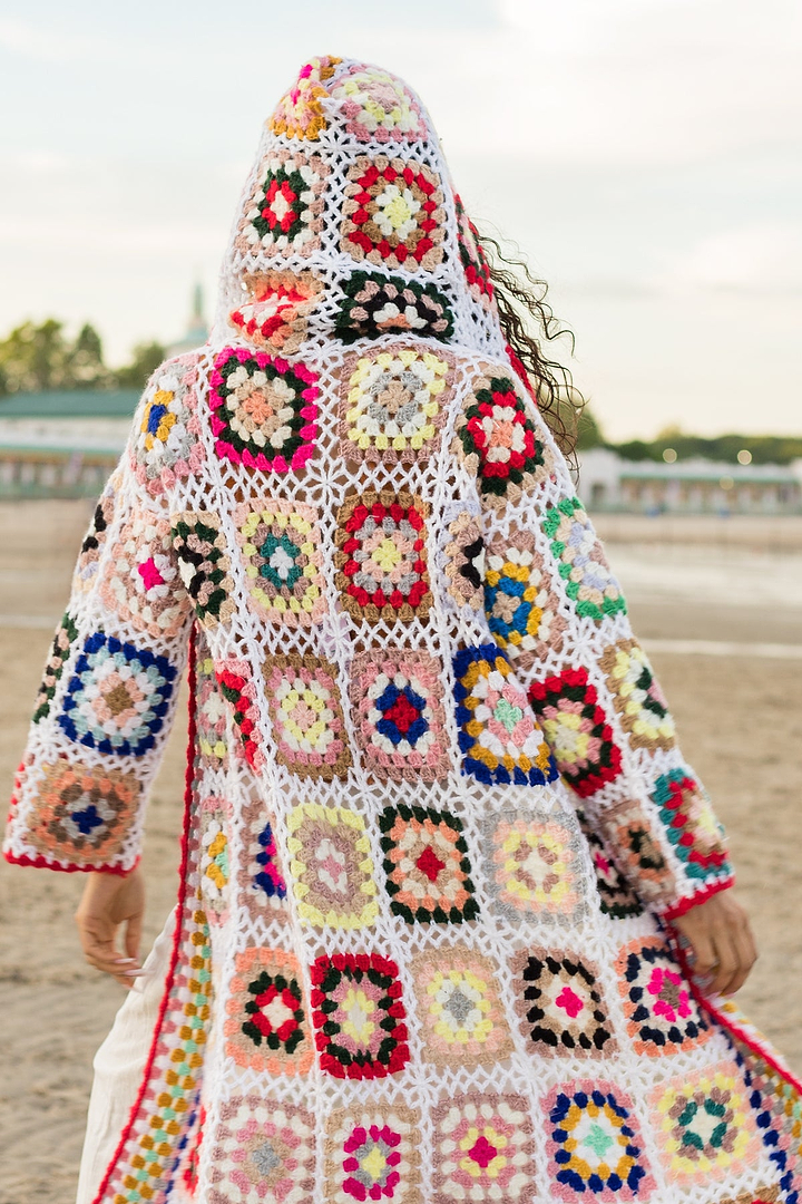 Hooded Granny Square Crochet Kimono White
