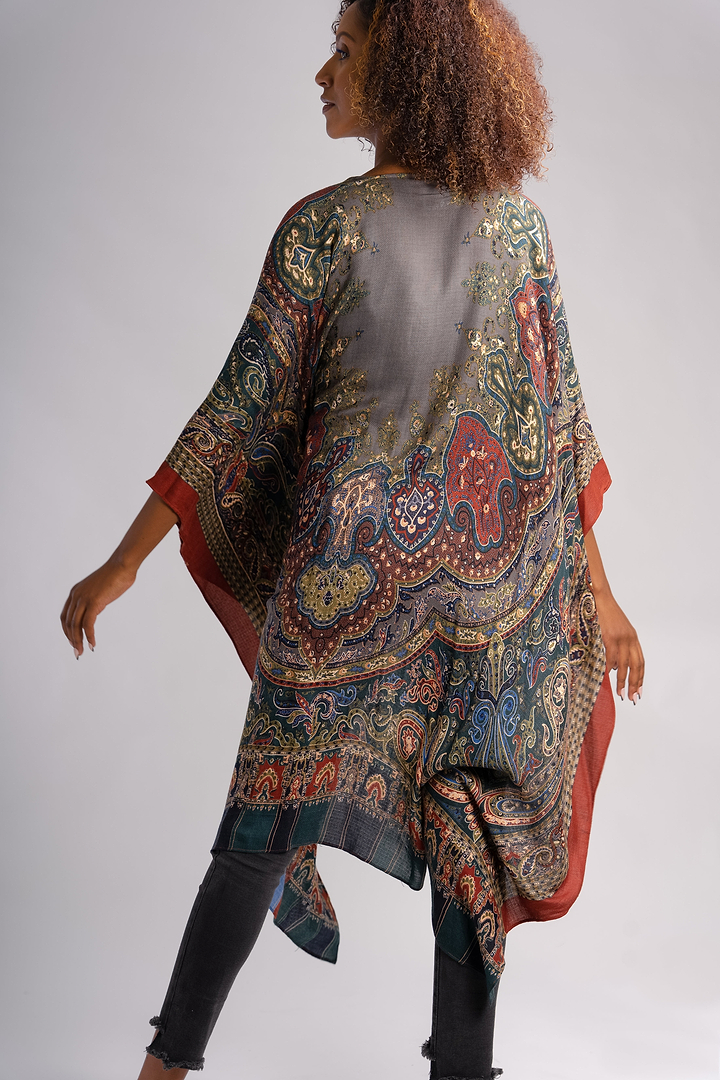 Paisley High Low Kimono Slate Gray