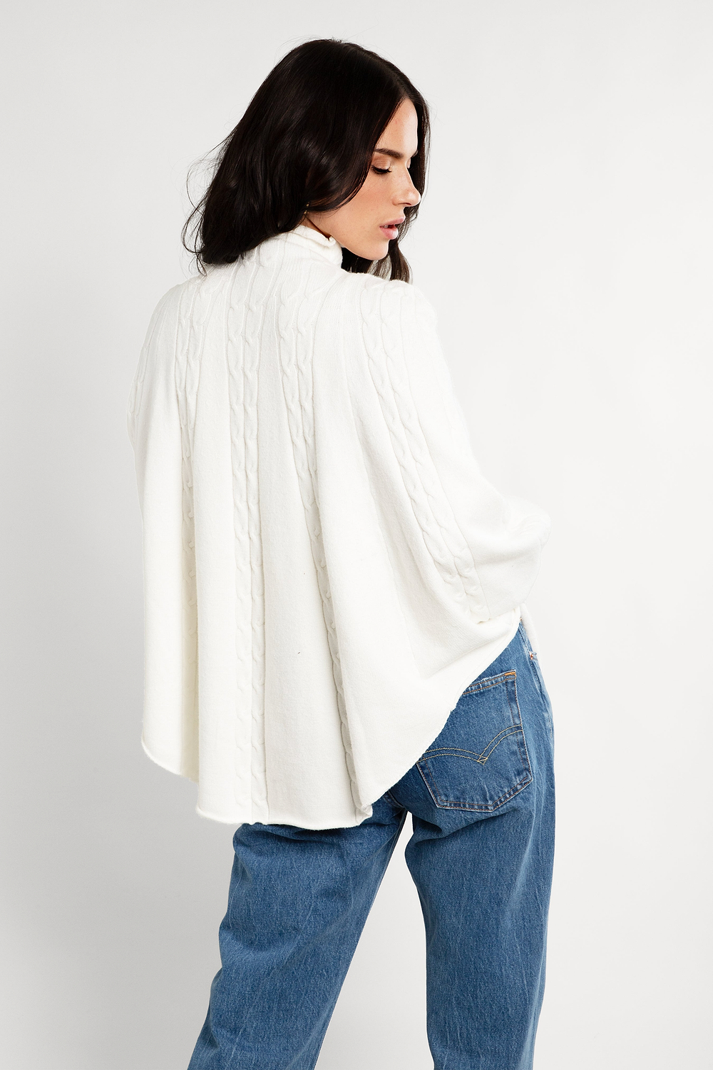 Turtleneck Sweater Cable Knit Poncho - White