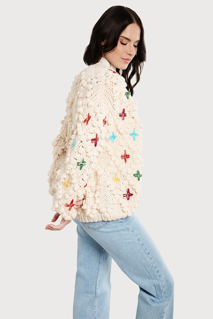 Knitted Cardigan Cross Pom Pom