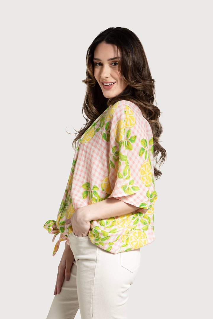 Short Tie Front Kimono Citrus Gingham