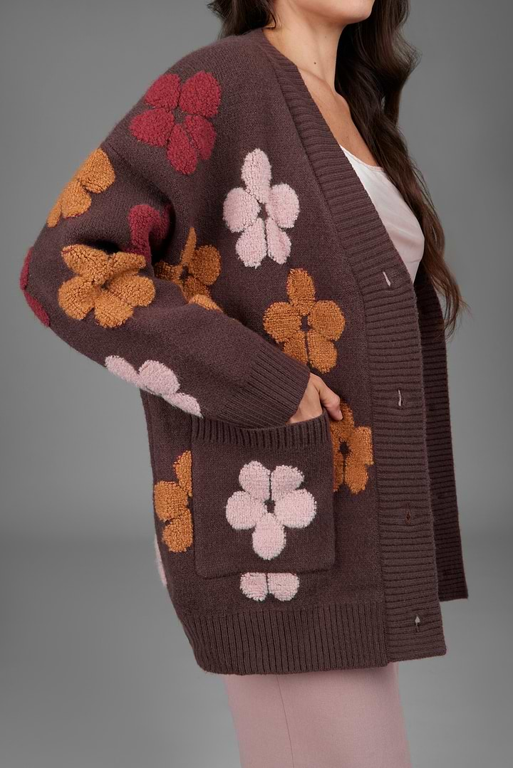 Floral Knit Cardigan In Brown