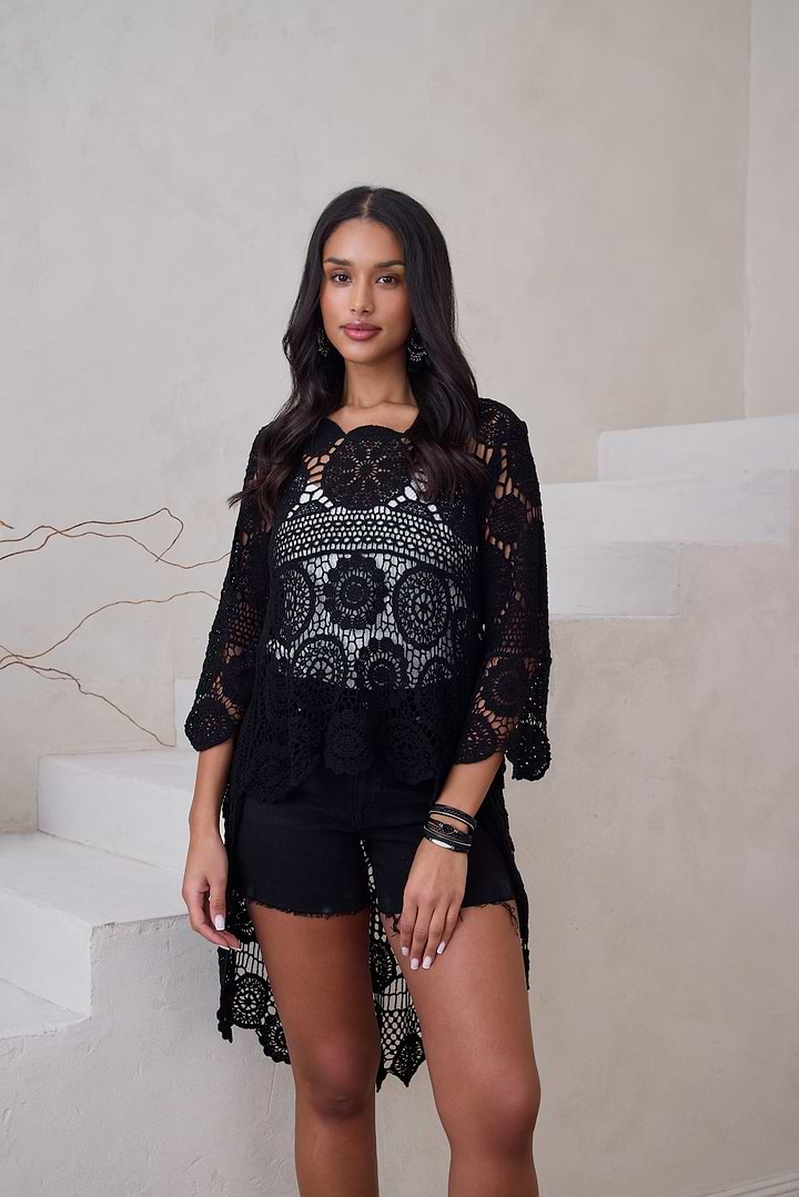 High Low Long Sleeve Crochet Cover Up