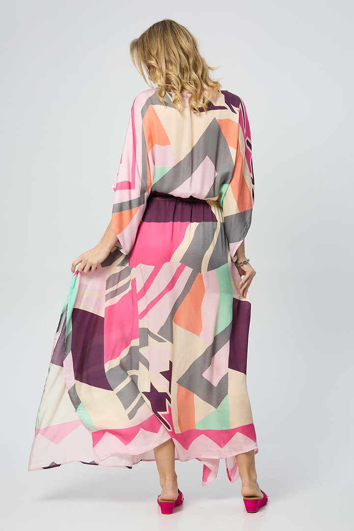 Multicolored Geo Tie Waist Keyhole Kaftan