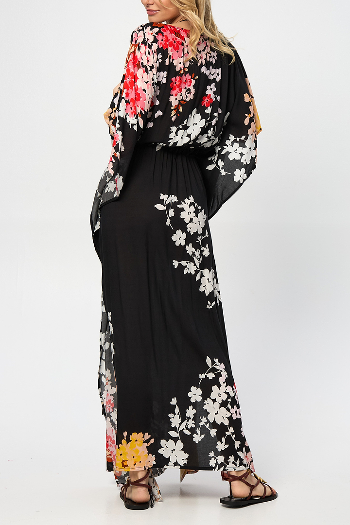 Multicolored Fiore Tie Waist Keyhole Kaftan
