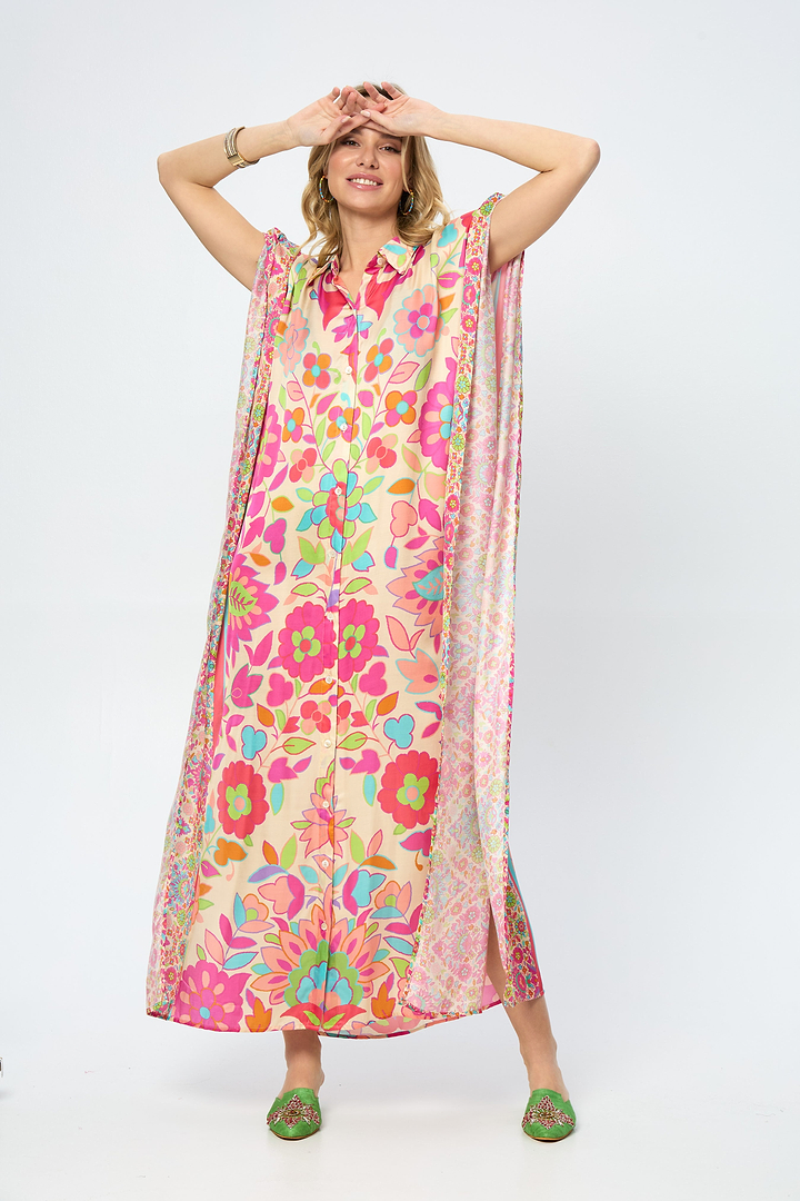 Multicolored Floral Collared Kaftan