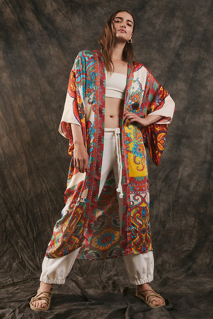 Margo Multi Paisley Print Kimono Orange