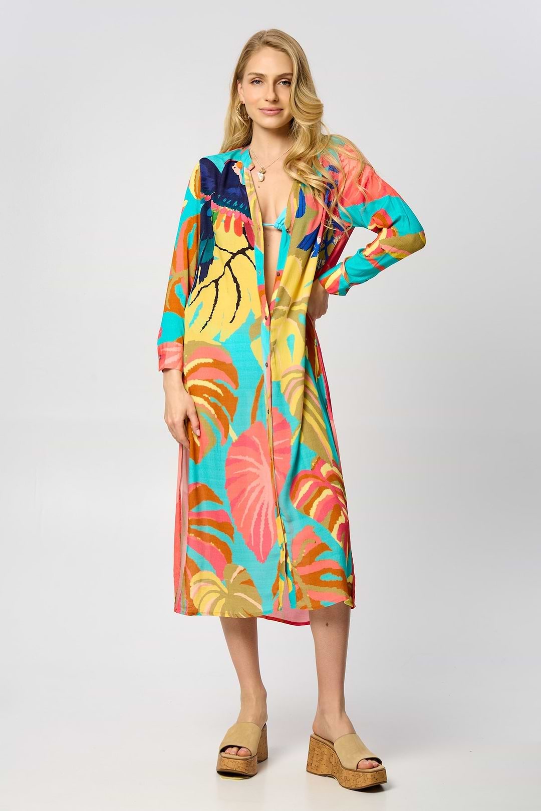 Tropical Button Long Kimono