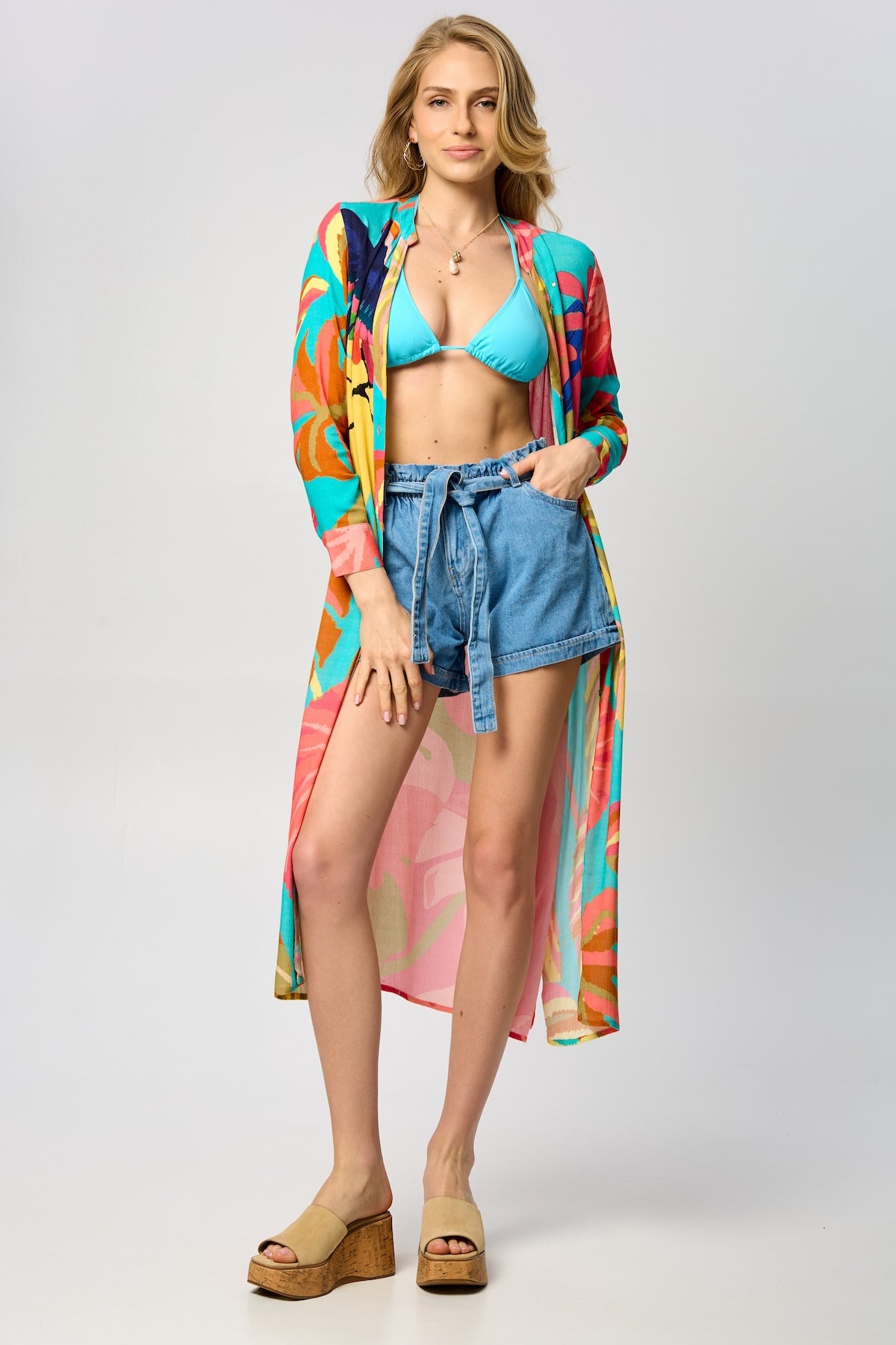 Tropical Button Long Kimono