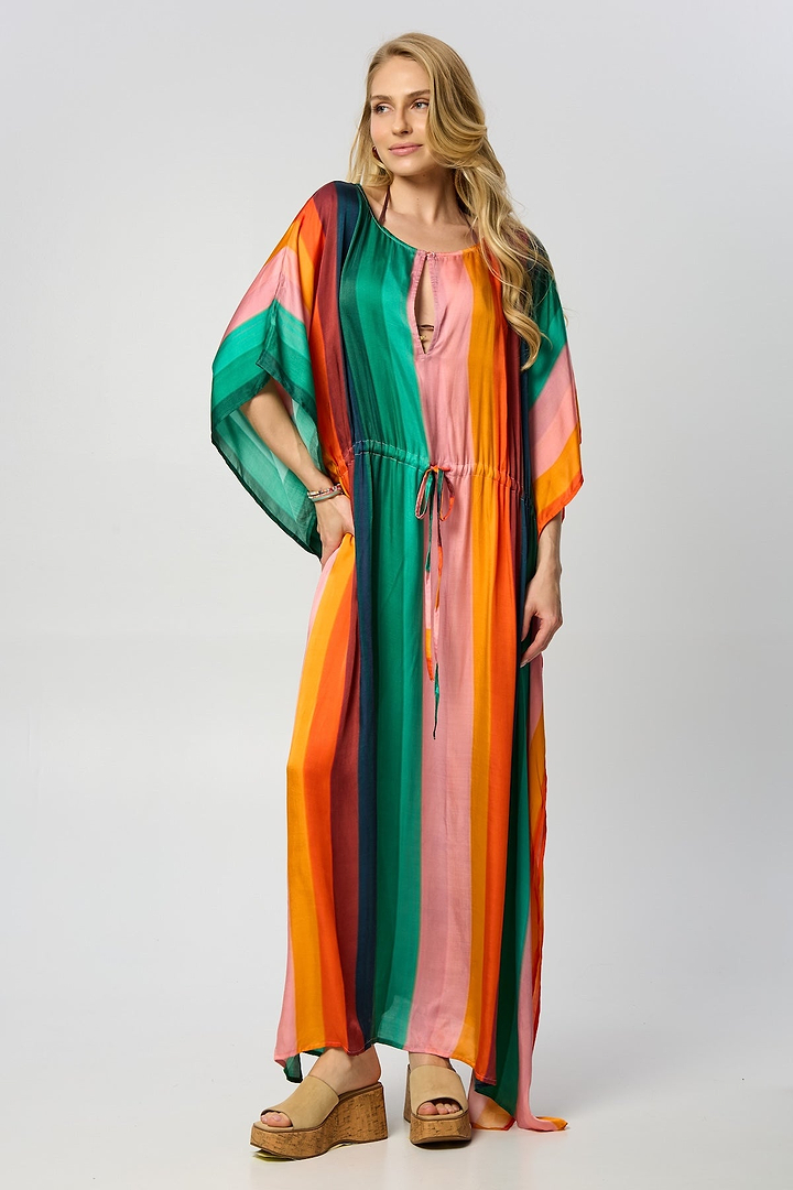Multicolor Striped Tie Waist Keyhole Kaftan