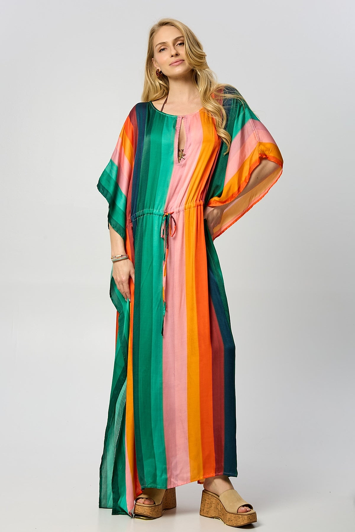 Multicolor Striped Tie Waist Keyhole Kaftan