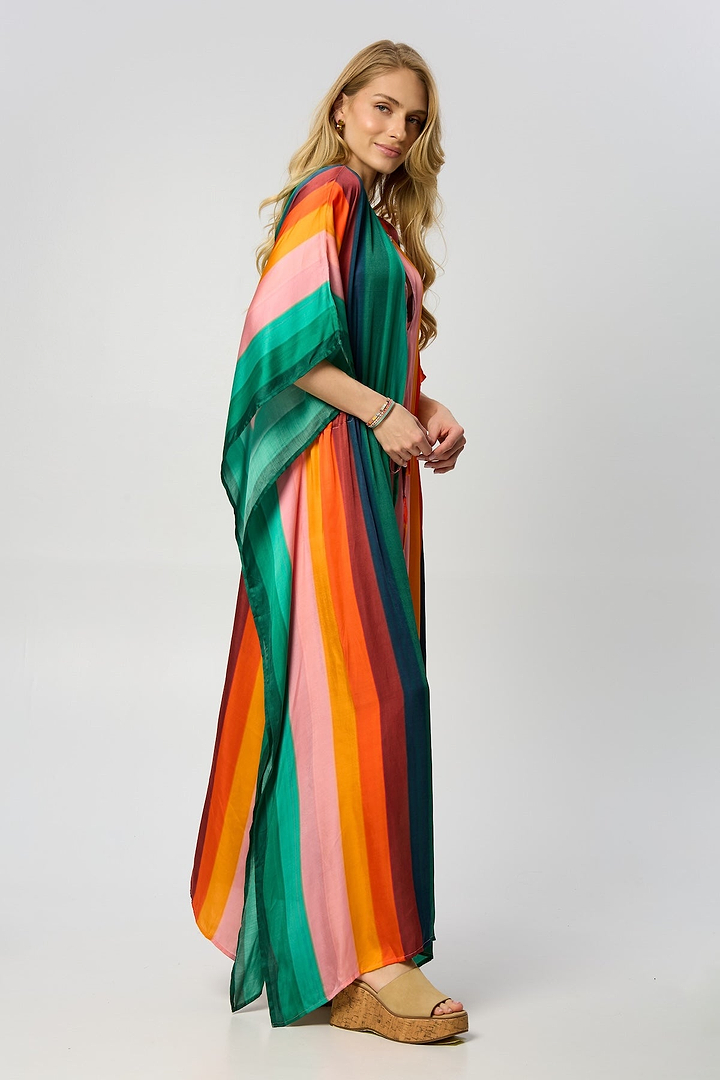 Multicolor Striped Tie Waist Keyhole Kaftan