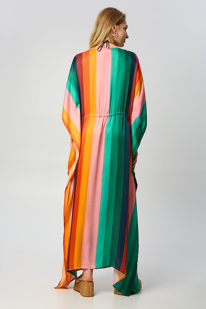 Multicolor Striped Tie Waist Keyhole Kaftan
