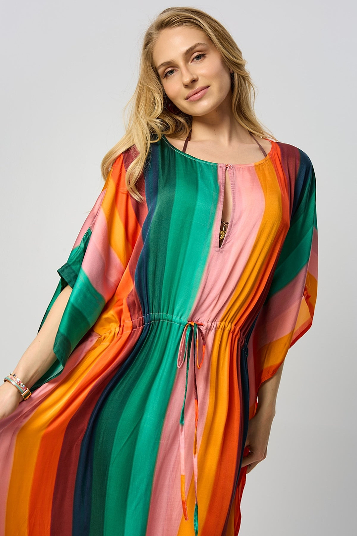 Multicolor Striped Tie Waist Keyhole Kaftan