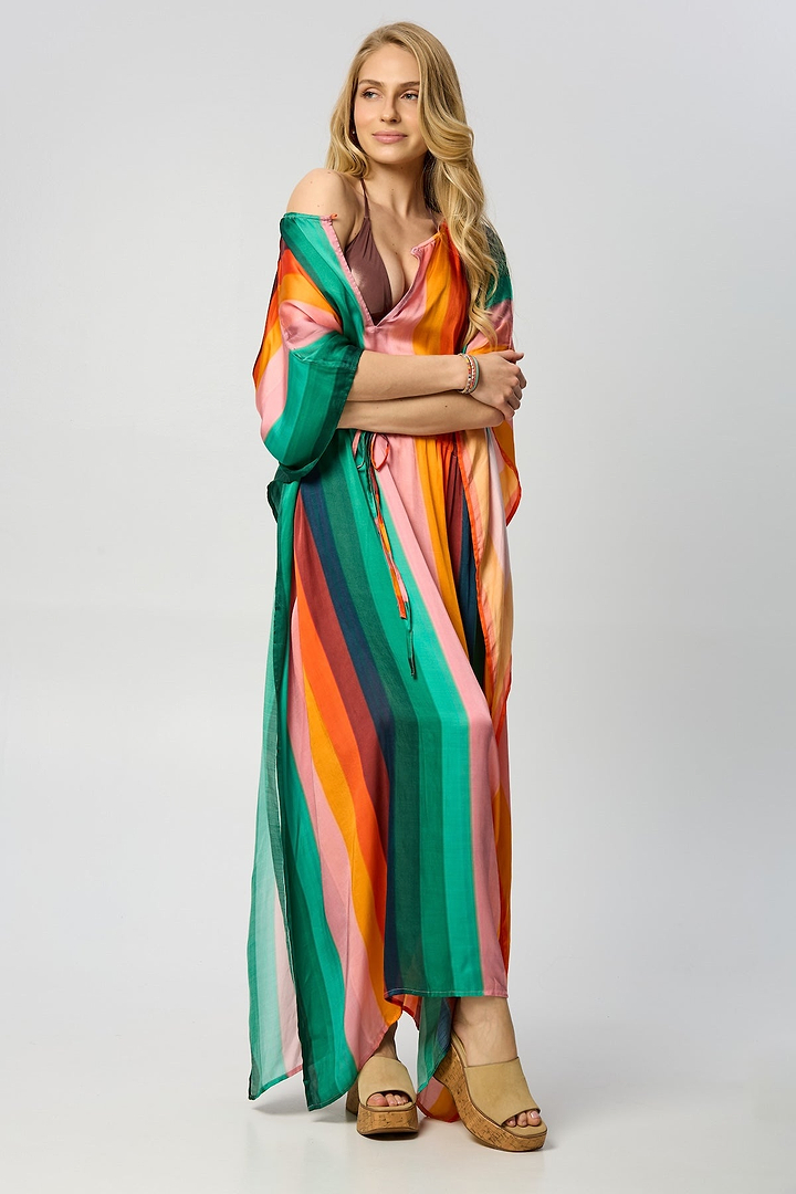 Multicolor Striped Tie Waist Keyhole Kaftan