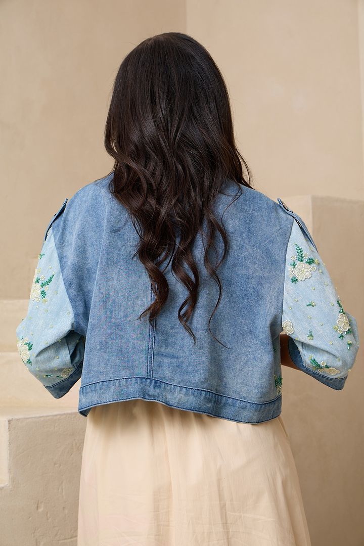 Flower Beaded Short Denim Jack