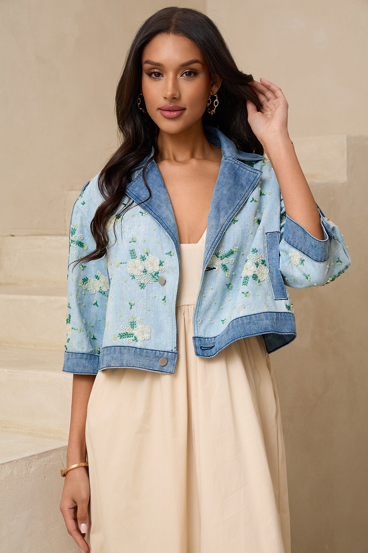 Flower Beaded Short Denim Jack