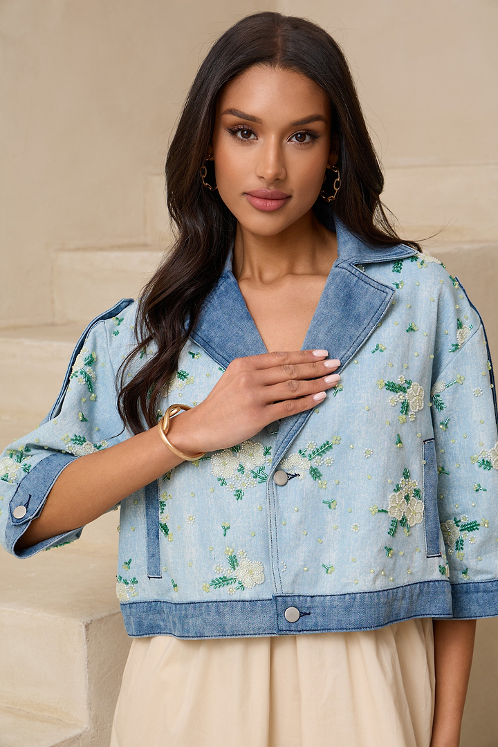 Flower Beaded Short Denim Jack