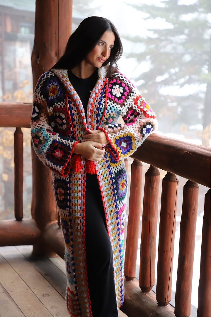 Hooded Granny Square Crochet Kimono