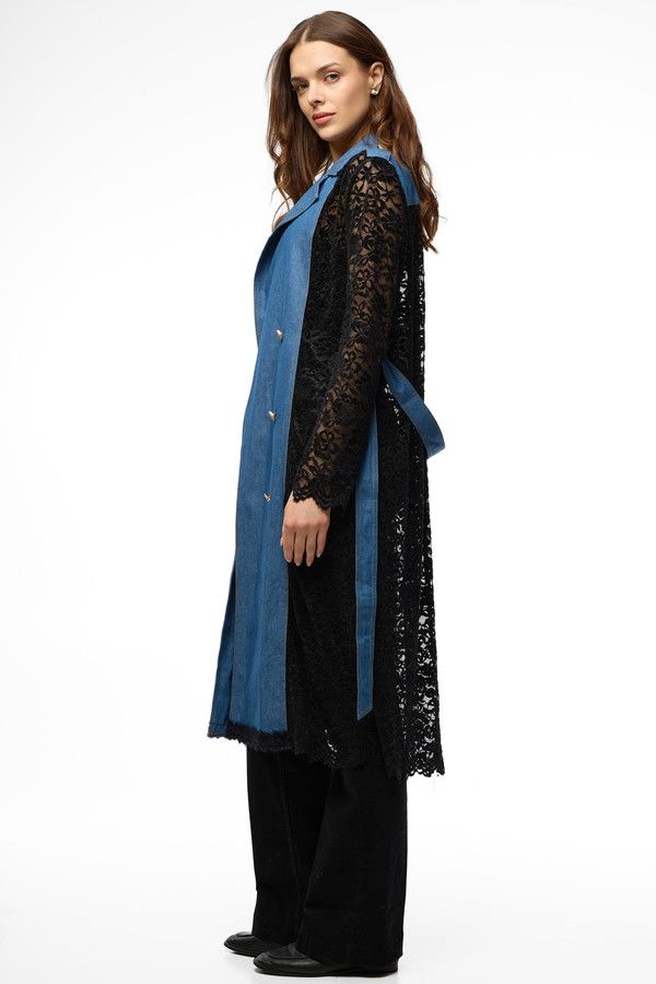 Lace Denim Trench Coat Jacket - Denim