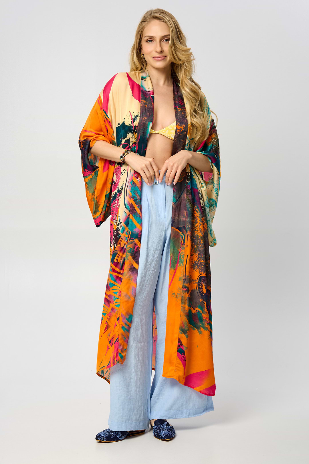 Vibrant Satin Kimono Abstract Dark Orange