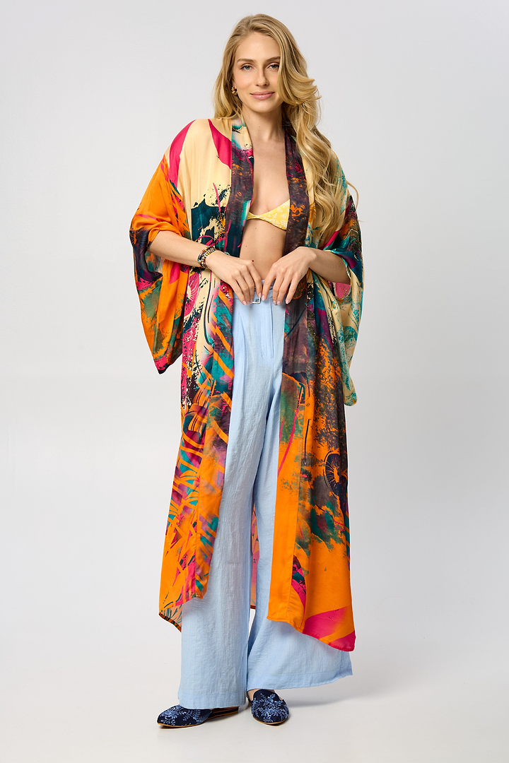 Vibrant Satin Kimono Abstract Dark Orange