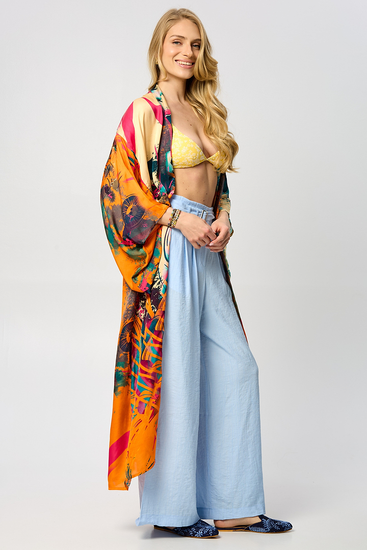Vibrant Satin Kimono Abstract Dark Orange
