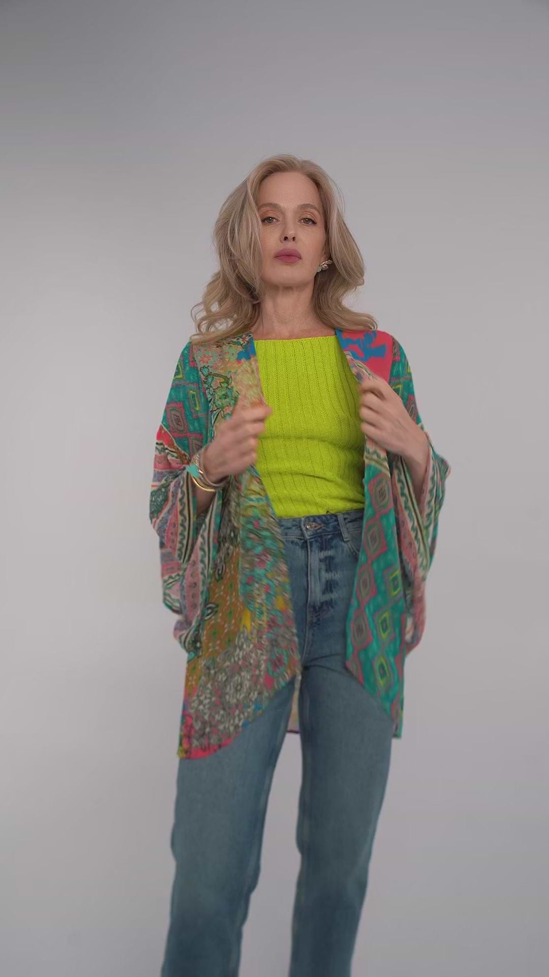 Mystical Garden Ruffle Sleeve Kimono - PaleTurquoise