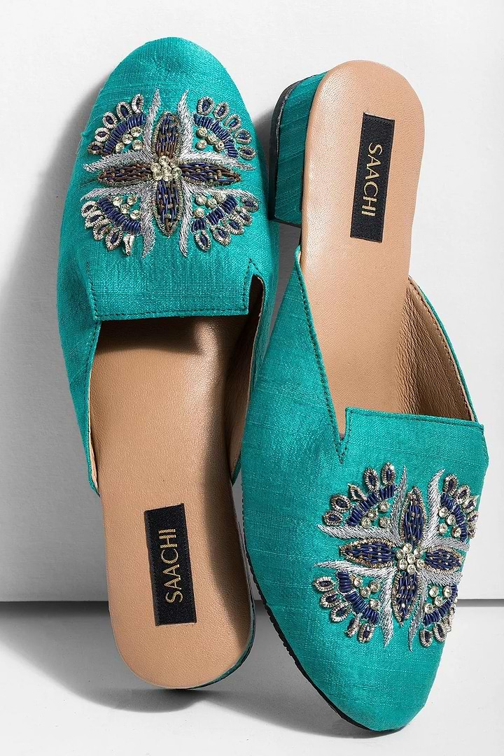 Peacock Embroidered Mule Turquoise