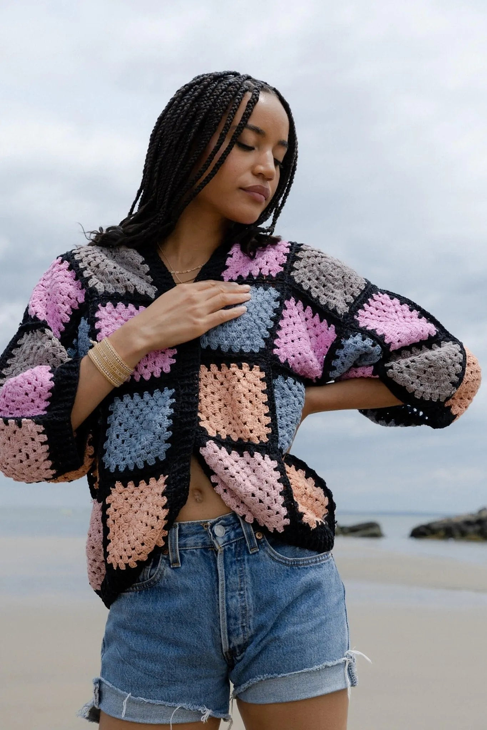 Modern Pastel Crochet Squared Short Jacket Black