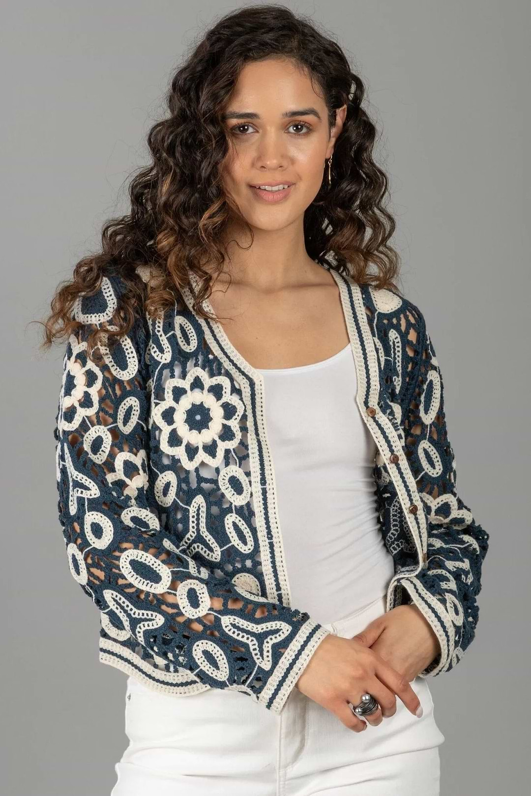 Floral Lace Crochet Short Jacket Navy