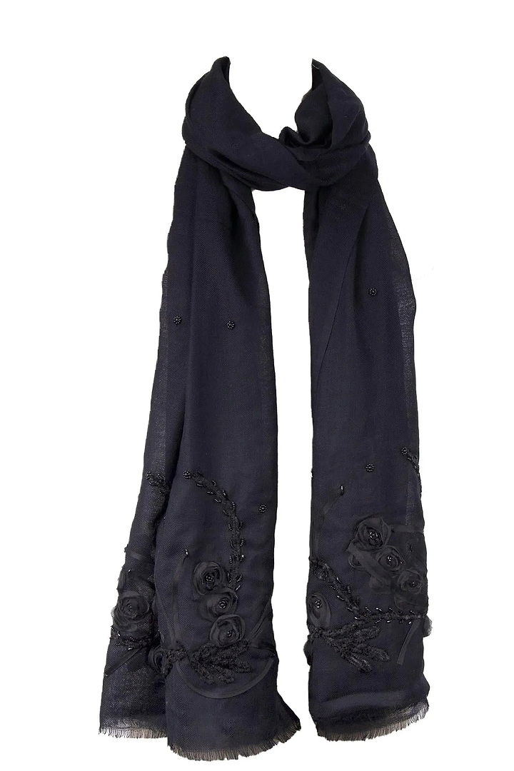 Cary Floral Embroidered Black Scarf Black