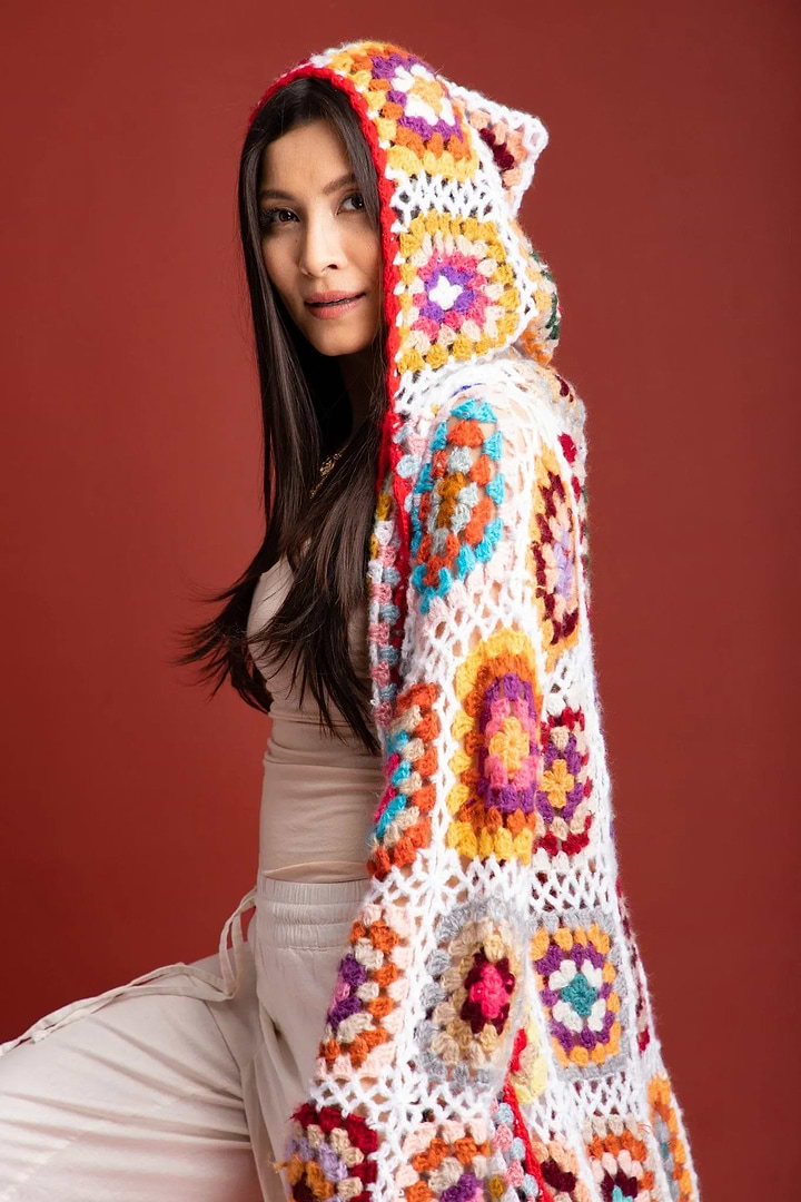 Hooded Granny Square Crochet Kimono White