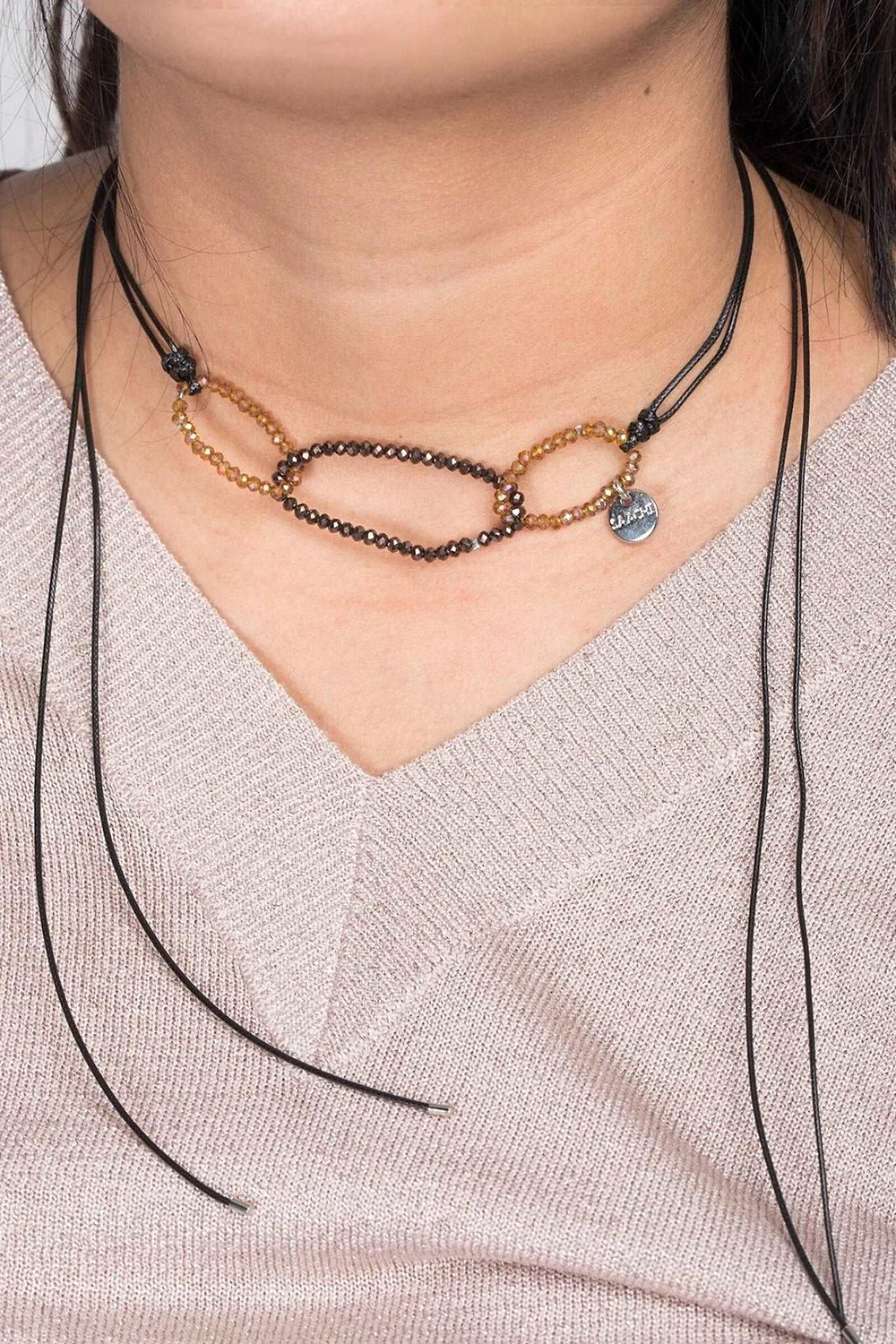 3-Oval Crystal Bead Ring Wrap Choker Brown