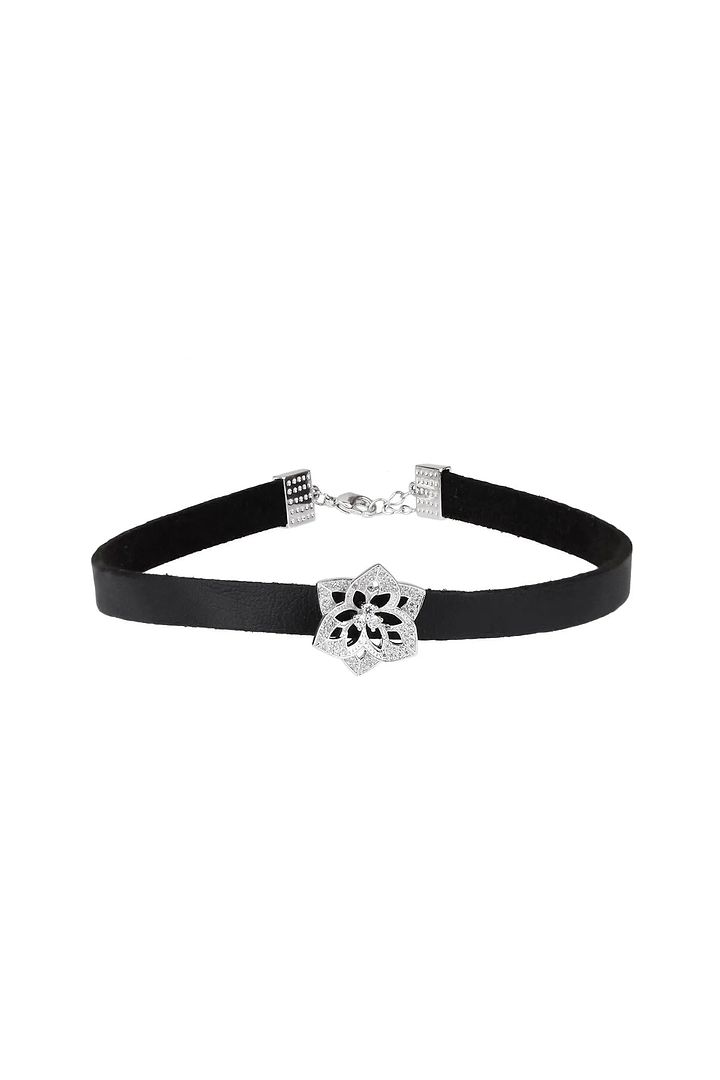 Crystal Flower Leather Choker Black