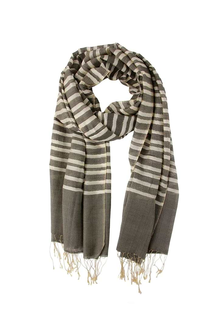 Camille Striped Lightweight Printed Scarf With Fringe Dim Gray