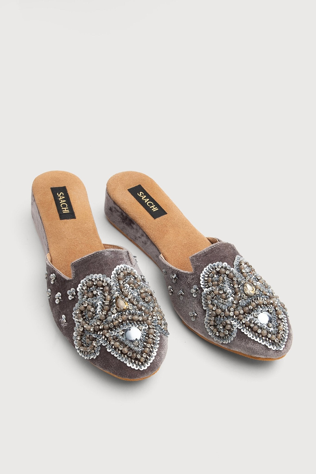 Velvet Beaded Embellished Mules Gray