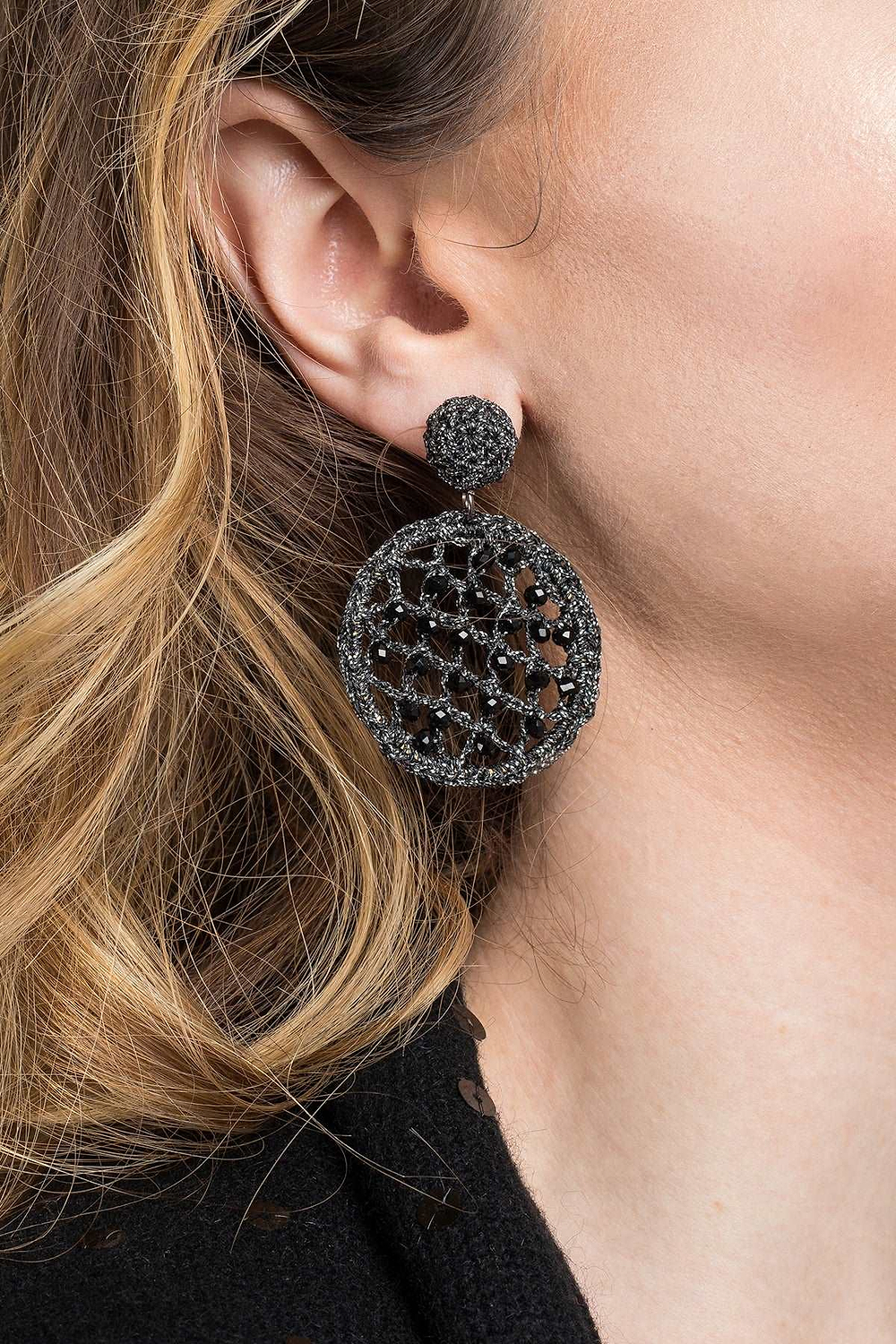 Black Sparkly Crystal Crochet Earrings Black