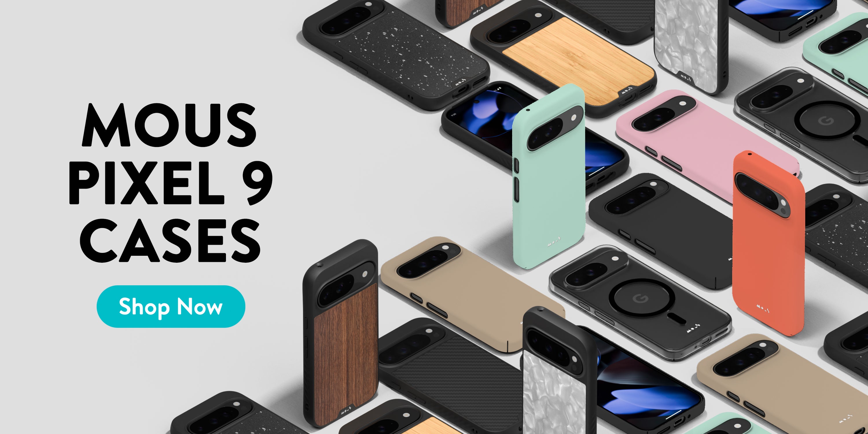 An image showcasing various Mous phone cases for the Google Pixel 9