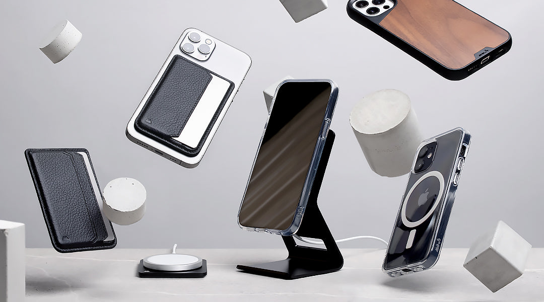 Group shot of iPhone 12 MagSafe compatible cases and MagSafe compatible accessories