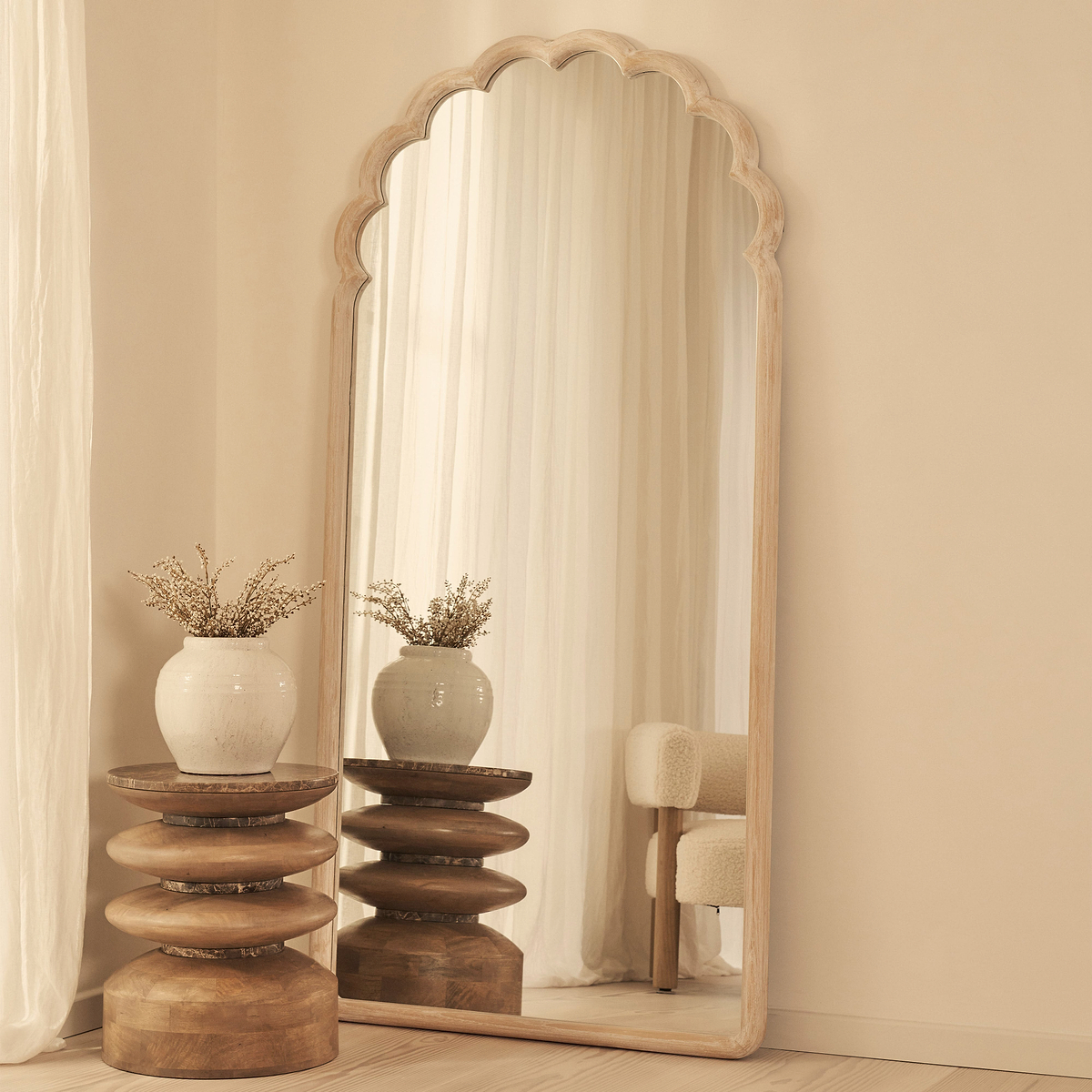 Safi - Full Length Large Arched White Washed Wood Mirror 190cm x 90cm