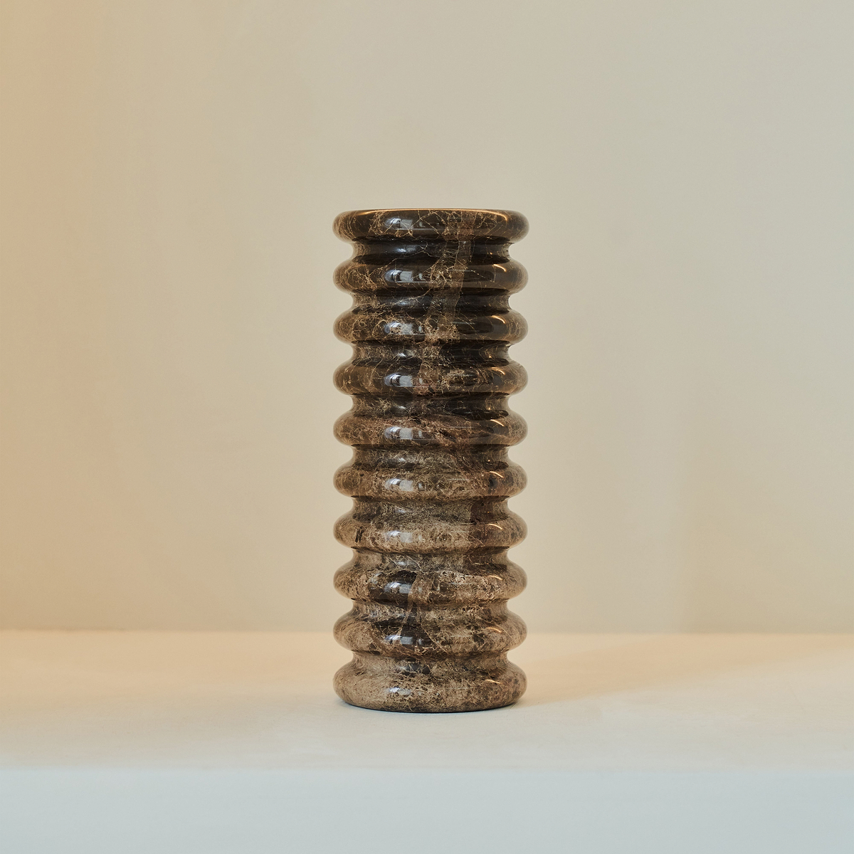 Varella - Large Dark Emperador Marble Ribbed Decorative Vase 25cm