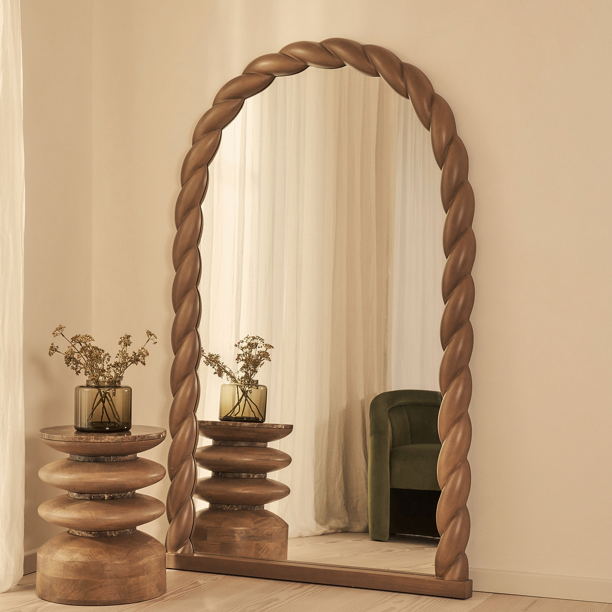 Ophelia - Full Length Arched Rope Twist Warm Wood Extra Large Mirror 180cm x 105cm