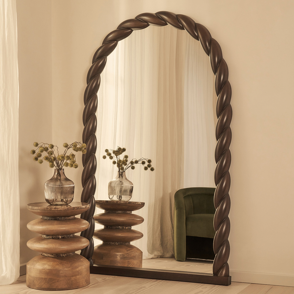 Ophelia - Full Length Arched Rope Twist Dark Wood Extra Large Mirror 180cm x 105cm