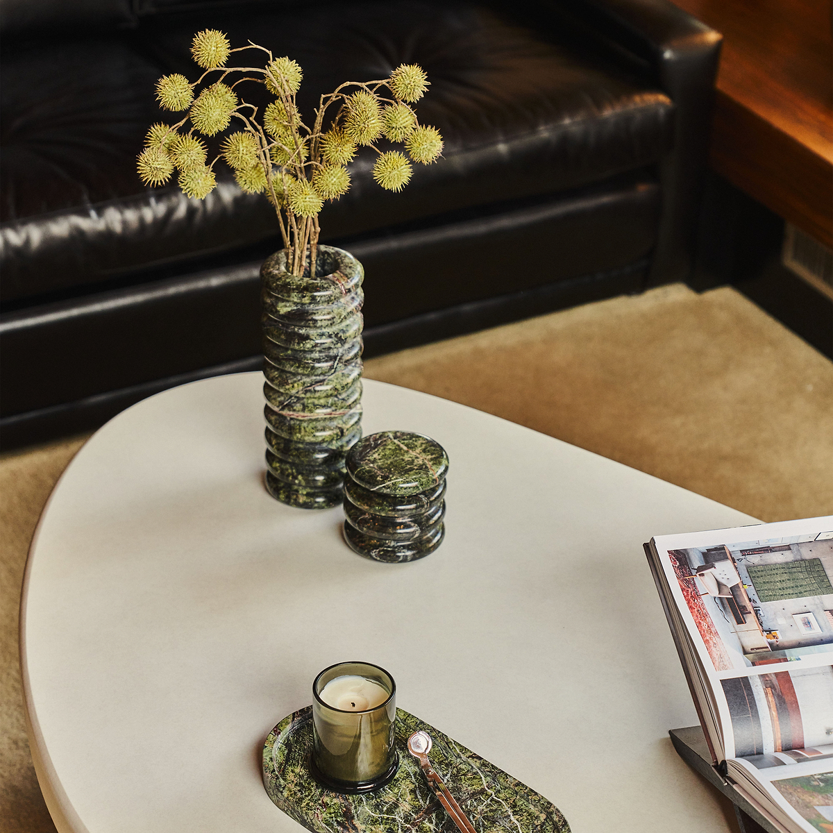 Varella - Large Green Marble Ribbed Decorative Vase 25cm