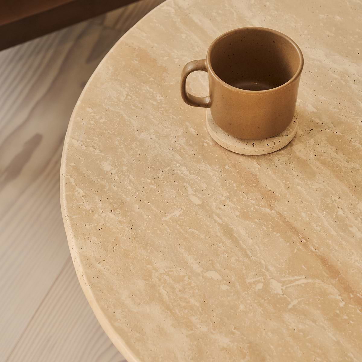 Trivium - Beige Travertine Round Dark Wood Premium Coffee Table