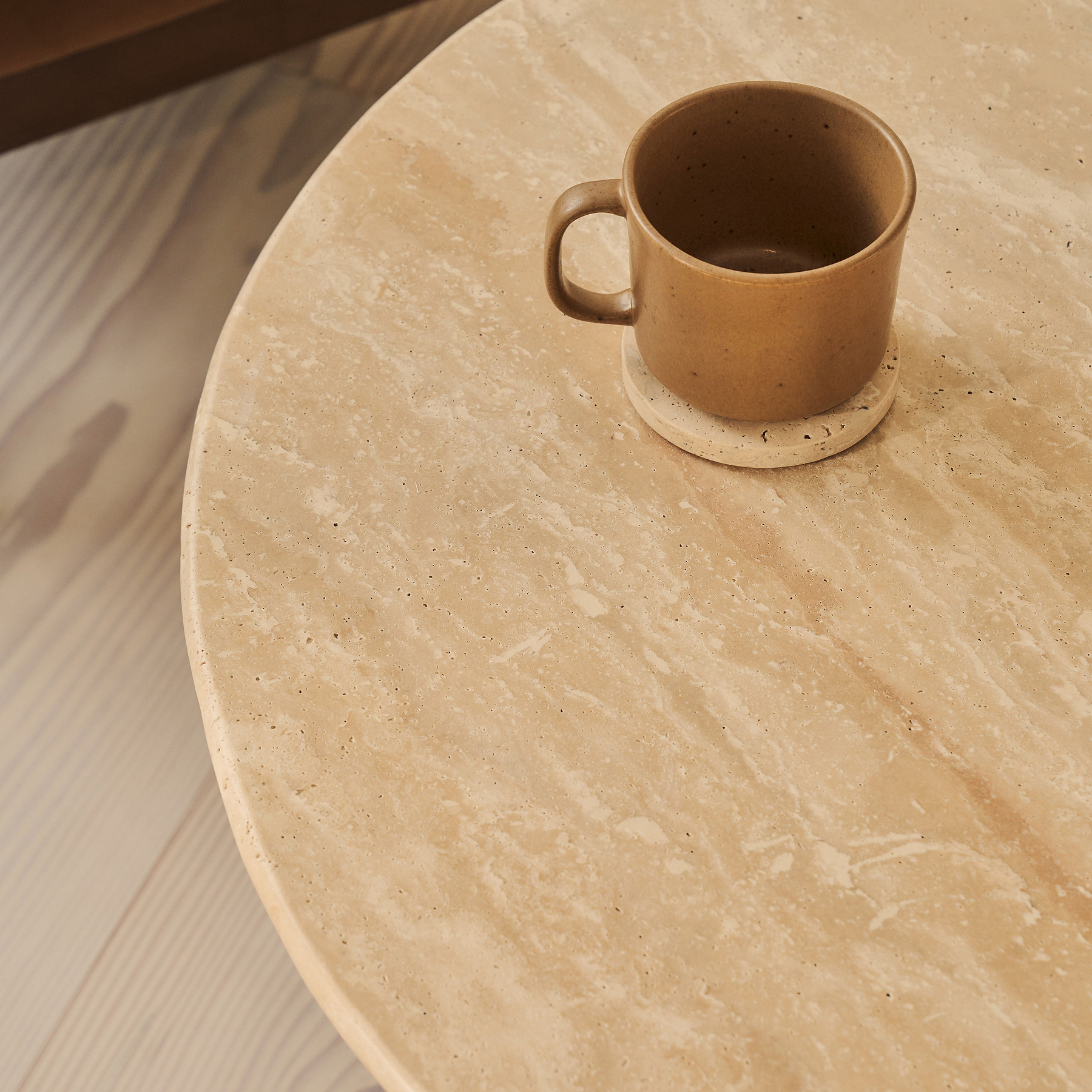 Trivium - Beige Travertine Round Dark Wood Premium Coffee Table