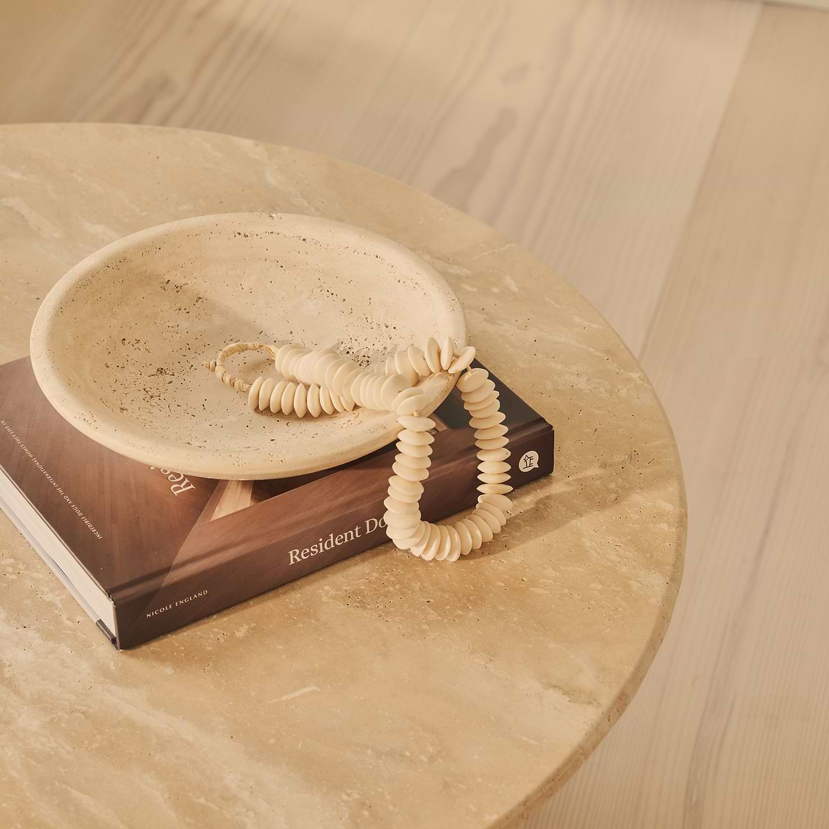 Trivium - Beige Travertine Round Dark Wood Premium Coffee Table