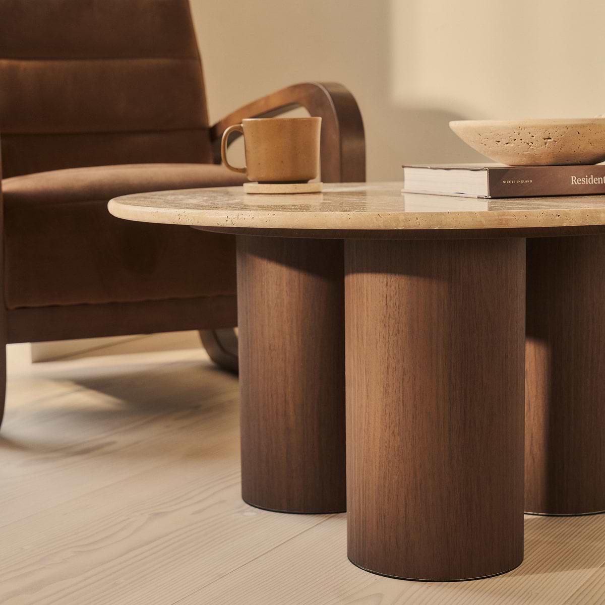 Trivium - Beige Travertine Round Dark Wood Premium Coffee Table